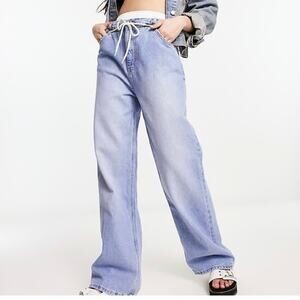 Bershka x ASOS High Rise Drawstring Waist Baggy Jeans Medium Blue Size 2